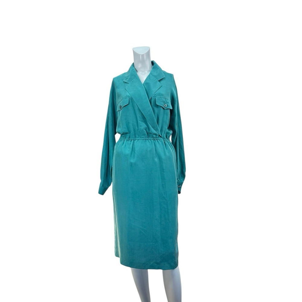Vtg NWT Women's 6 Together 100% Silk Long Sleeve Green Dress Modest Retro